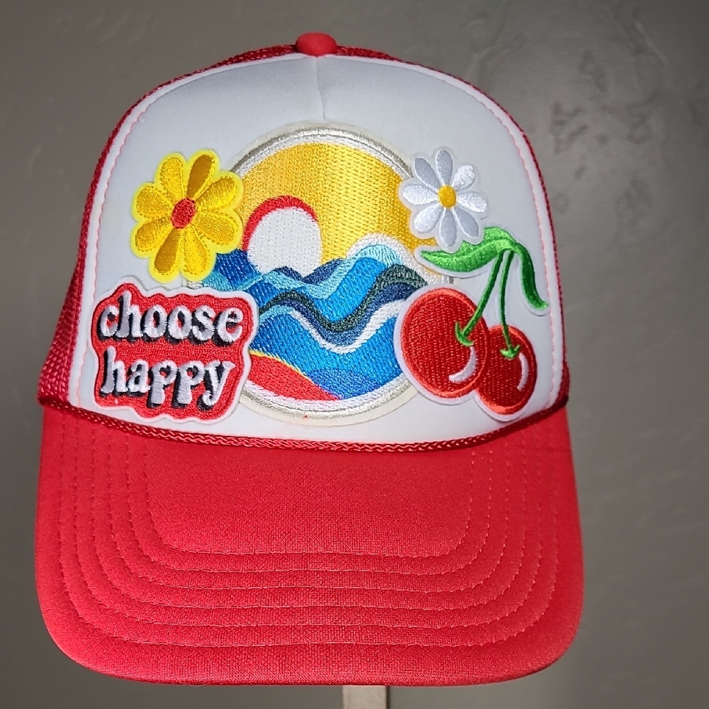 Otto Red Mesh Trucker Hat "choose happy" Cherry‎ Ocean Flower